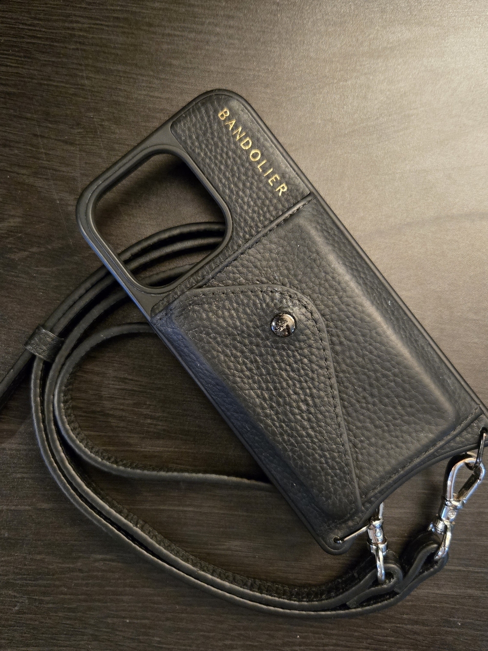iPhone 15 Pro Case Bandolier Hailey Crossbody Wallet Black Gold Adjustable